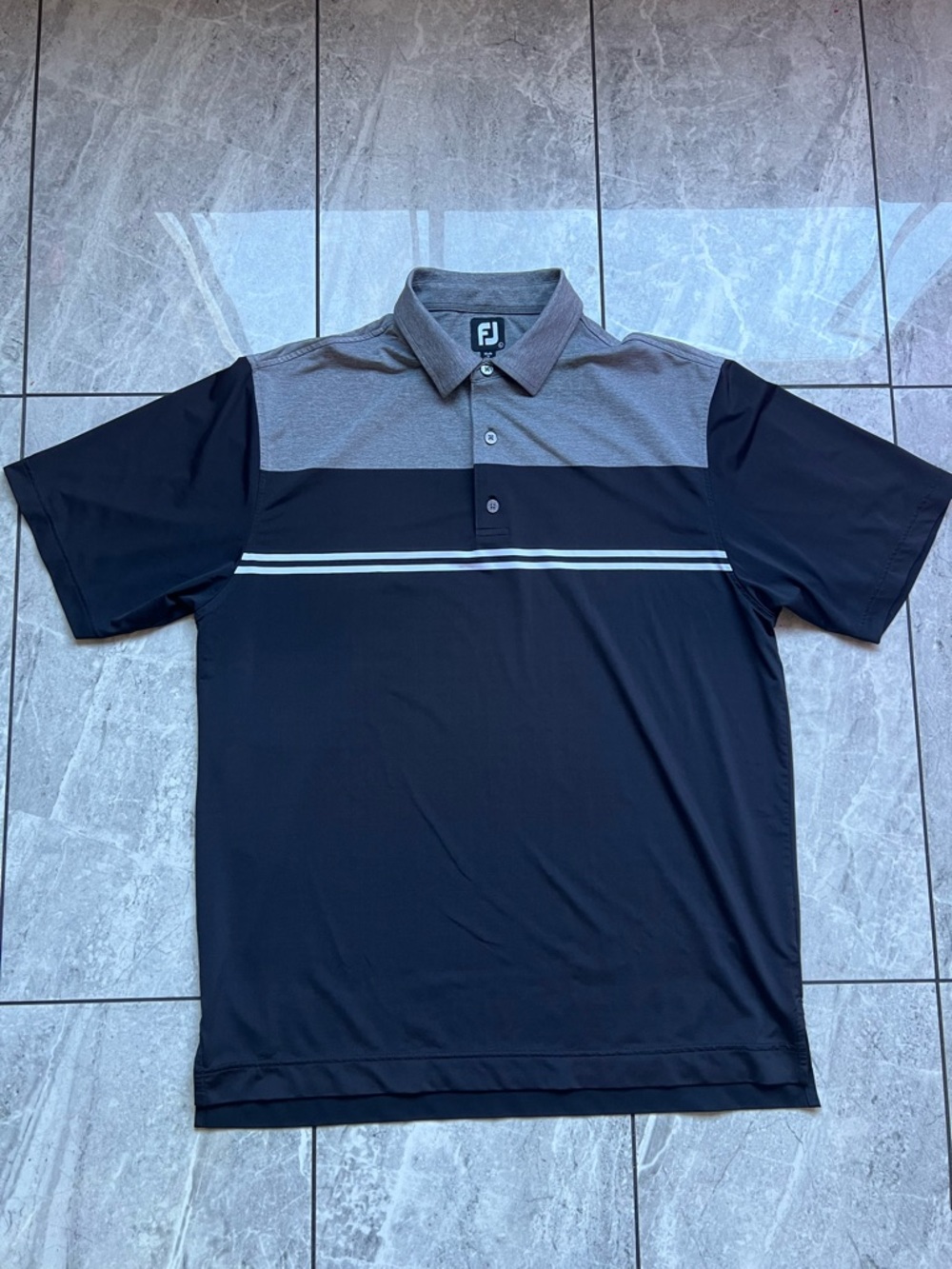 Footjoy Lisle Mens Gray/Navy ColorBlock Stripes Performance Stretch Golf Polo L